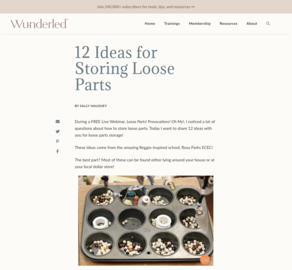 Blog post about 12 ideas for storing loose parts